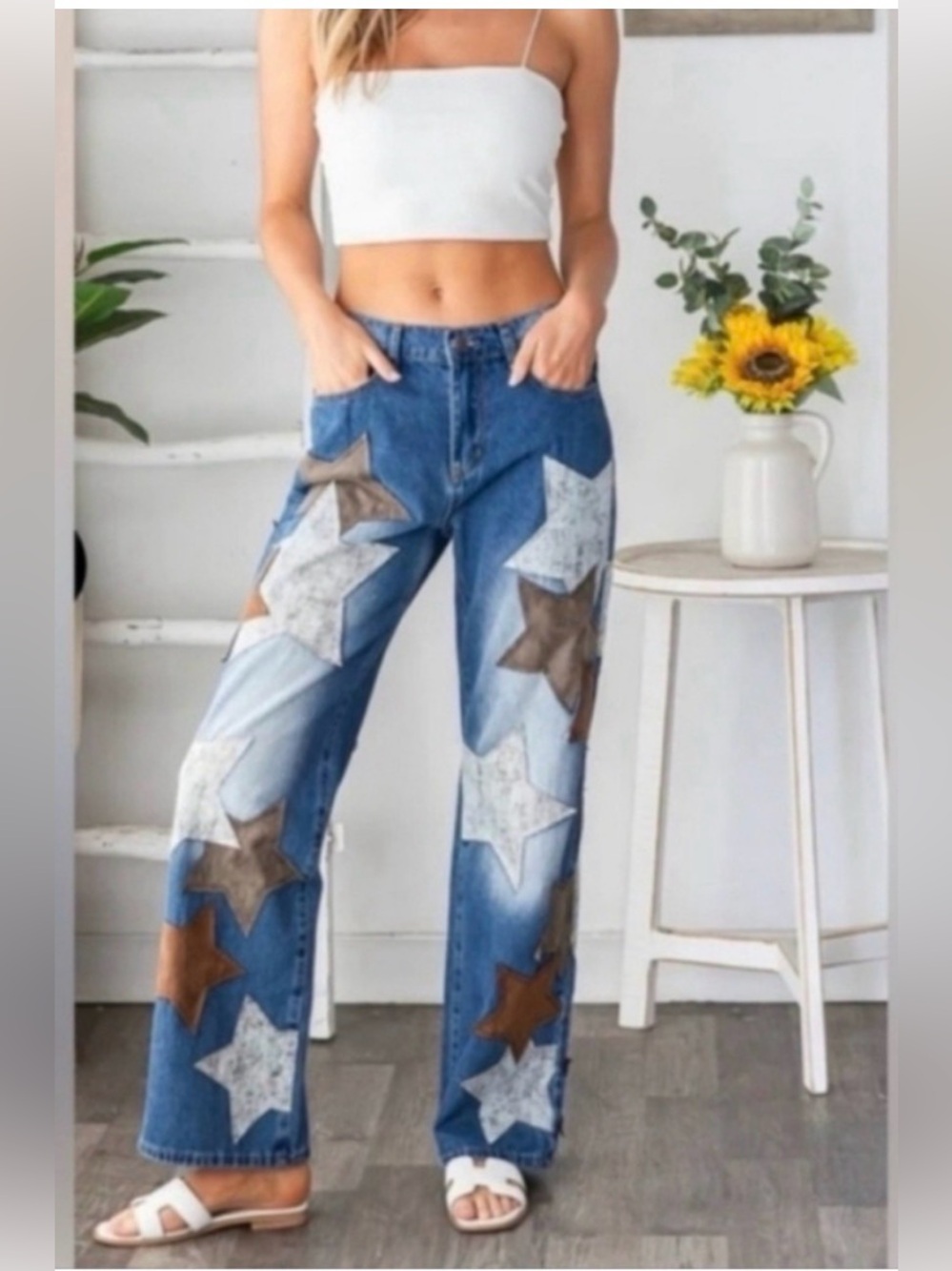 NWT Oli & Hali Washed PU Leather Star Patched Jeans - Size Small